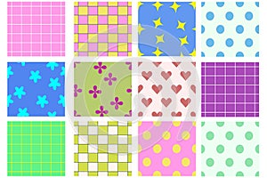 Groovy seamless patterns with funny happy daisy, wave, chess, mesh, rainbow