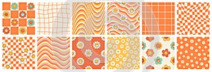 Groovy seamless patterns with funny happy daisy, wave, chess, rainbow in trendy retro 70s style.