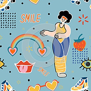 Groovy seamless patterns with funny happy woman, rainbow, wave, chess, mesh. Vector backgrounds in trendy retro trippy