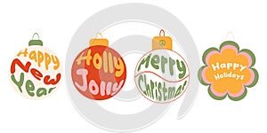 groovy set of Christmas balls with lettering quoted isolated on a white background. vector illustration in style hippie