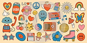 Groovy set hippie 70s. Cartoon flower rainbow peace Love heart daisy mushroom etc. Sticker pack in trendy retro style.