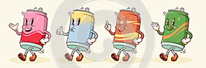 Groovy Soda Retro Characters Set. Cartoon Food Beer and Juice Can Walking and Smiling. Vector Fast Food Beverage Mascot