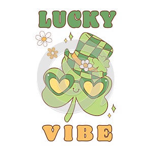 Groovy st patrick's day, green lucky clover leaf with hat cartoon doodle drawing