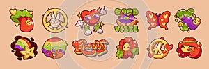 Groovy stickers, hippie icons with flower, rainbow