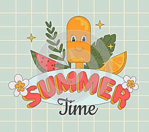 Groovy summer label with fruite and tropical leaves, cartoon ice-cream, text on retro blue background