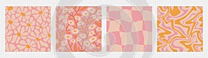 Groovy summer seamless pattern set - floral, checkered, marble. Funky retro aesthetic prints for modern fabric design.
