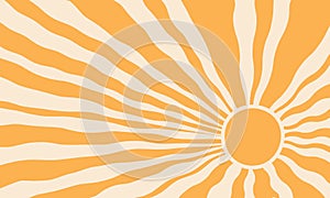 Groovy sun pattern, retro summer ray background, wave radial sunshine, yellow vintage shape. Cartoon vector