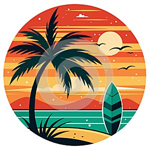 A groovy surfboard dominates the center of a circular design, which is flanked by ornate waves and under a radiant sun