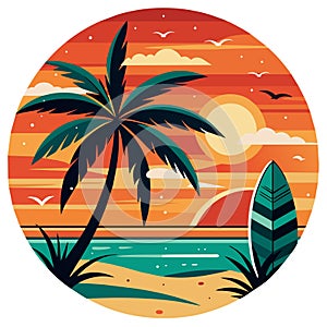 A groovy surfboard dominates the center of a circular design, which is flanked by ornate waves and under a radiant sun