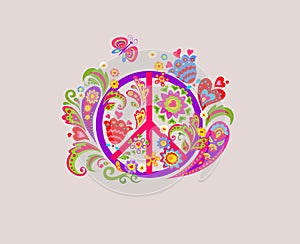 Groovy T shirt fashion print with Peace Hippie Symbol and abstract colorful flowers for textile art