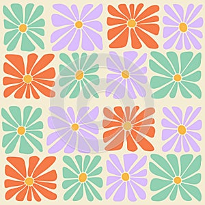 Groovy trippy daisy tiles seamless pattern. Square flowers patchwork. 1970 retro hippie background