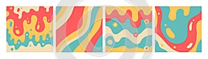 Groovy Waves Psychedelic Curved Vector Backgrounds set. Trendy Y2k Backdrop Textute. Funky Retro Wallpaper. Hand drawn linear