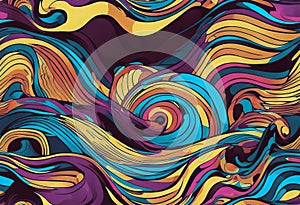 Groovy Waves Seamless Pattern. Psychedelic Abstract Curved Vector Background in 1970s Hippie Retro Style stock illustration photo