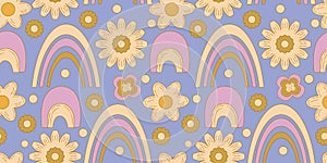 Groovy y2k retro seamless pattern with daisy flower, rainbow. Retro vector illustration. Groovy flower background