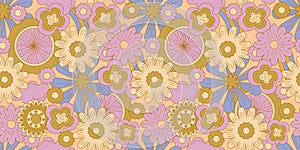 Groovy y2k retro seamless pattern with flower. Retro vector illustration. Groovy flower background. Colorful hippie