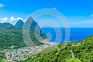 Gros and Petit Pitons near village Soufriere on Caribbean island St Lucia - tropical and paradise landscape scenery on Saint Lucia photo