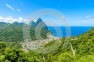 Gros and Petit Pitons near village Soufriere on Caribbean island St Lucia - tropical and paradise landscape scenery on Saint Lucia photo