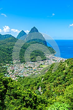 Gros and Petit Pitons near village Soufriere on Caribbean island St Lucia - tropical and paradise landscape scenery on Saint Lucia photo