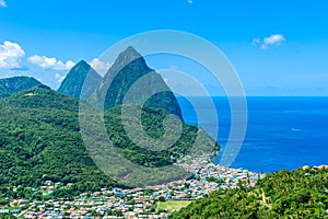 Gros and Petit Pitons near village Soufriere on Caribbean island St Lucia - tropical and paradise landscape scenery on Saint Lucia