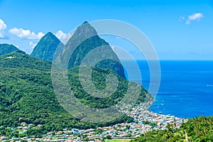 Gros and Petit Pitons near village Soufriere on Caribbean island St Lucia - tropical and paradise landscape scenery on Saint Lucia photo