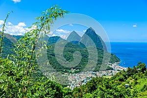 Gros and Petit Pitons near village Soufriere on Caribbean island St Lucia - tropical and paradise landscape scenery on Saint Lucia