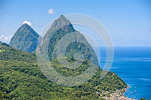 Gros and Petit Pitons near village Soufriere on Caribbean island St Lucia - tropical and paradise landscape scenery on Saint Lucia photo