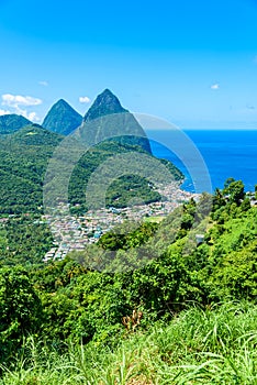 Gros and Petit Pitons near village Soufriere on Caribbean island St Lucia - tropical and paradise landscape scenery on Saint Lucia