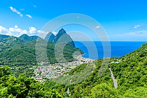Gros and Petit Pitons near village Soufriere on Caribbean island St Lucia - tropical and paradise landscape scenery on Saint Lucia