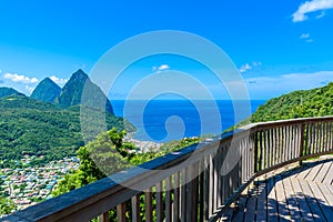 Gros and Petit Pitons near village Soufriere on Caribbean island St Lucia - tropical and paradise landscape scenery on Saint Lucia