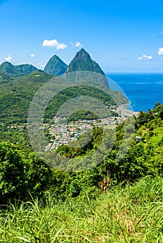 Gros and Petit Pitons near village Soufriere on Caribbean island St Lucia - tropical and paradise landscape scenery on Saint Lucia