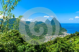 Gros and Petit Pitons near village Soufriere on Caribbean island St Lucia - tropical and paradise landscape scenery on Saint Lucia