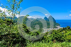 Gros and Petit Pitons near village Soufriere on Caribbean island St Lucia - tropical and paradise landscape scenery on Saint Lucia