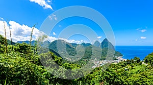 Gros and Petit Pitons near village Soufriere on Caribbean island St Lucia - tropical and paradise landscape scenery on Saint Lucia