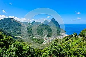 Gros and Petit Pitons near village Soufriere on Caribbean island St Lucia - tropical and paradise landscape scenery on Saint Lucia