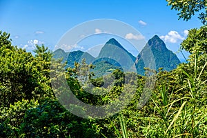 Gros and Petit Pitons near village Soufriere on Caribbean island St Lucia - tropical and paradise landscape scenery on Saint Lucia