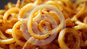 gros plan sur un tas d'oignons frits