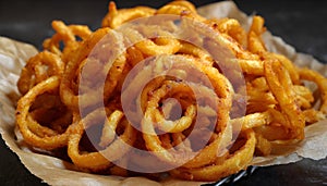 gros plan sur un tas d'oignons frits