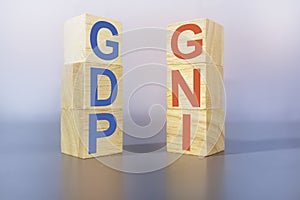 Gross National Income and gross national product on wooden box light gray background,business and finace