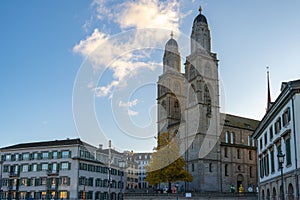 Grossmunster church with city skyline in Zurich, Switzerland