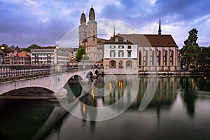 Grossmunster Church and Limmat River in the Morning, Zurich, Switzerland