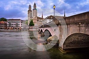 Grossmunster Church and Limmat River in the Morning, Zurich, Switzerland