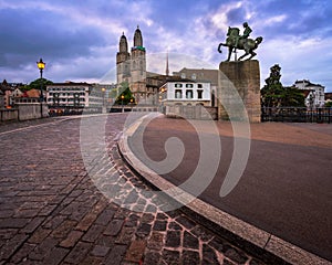 Grossmunster Church and Mayor Hans Waldmann Statue in the Morning, Zurich, Switzerland