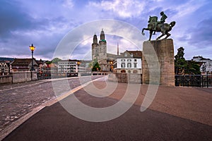 Grossmunster Church and Mayor Hans Waldmann Statue in the Morning, Zurich, Switzerland