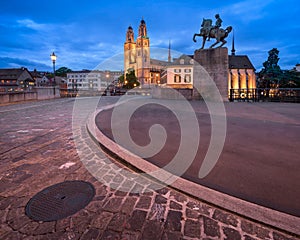 Grossmunster Church and Munster Bridge in the Evening, Zurich, S