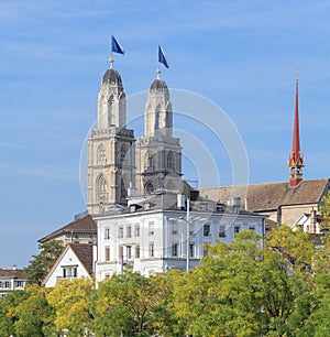 Grossmunster towers decorated with Zurich flags