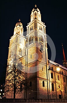 Grossmunster in Zurich at night in HDR