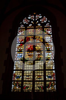 Beautiful stained glass window of Grote Kerk in Haarlem, Netherlands