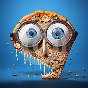 Grotesque Caricature: Broken Pizza With Big Eyes And Glasses photo