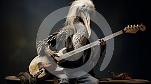 The Grotesque Caricature: A Pelican Bird With A Long Beard Playing An Electric Guitar