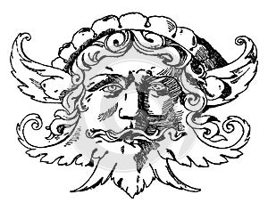 Grotesque Mask was designed during the Italian Renaissance by Sansovino, vintage engraving